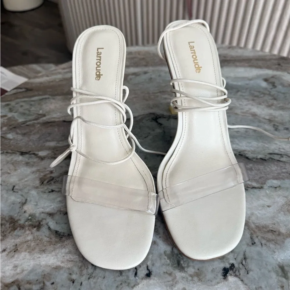 Larroude Gloria Clear Heels Ivory Lace Up Sandals Size 8 Ankle-Tie Sandal